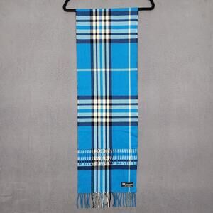 Scarf Womens One Size Blue 100% Cashmere Plaid Fringe Made Scotland Winter Fall